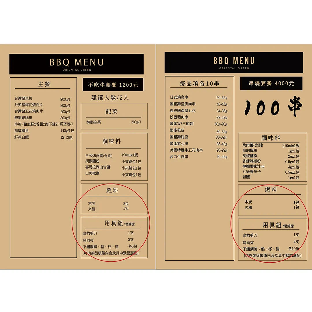 BBQ不吃牛套餐、串烧100串套餐