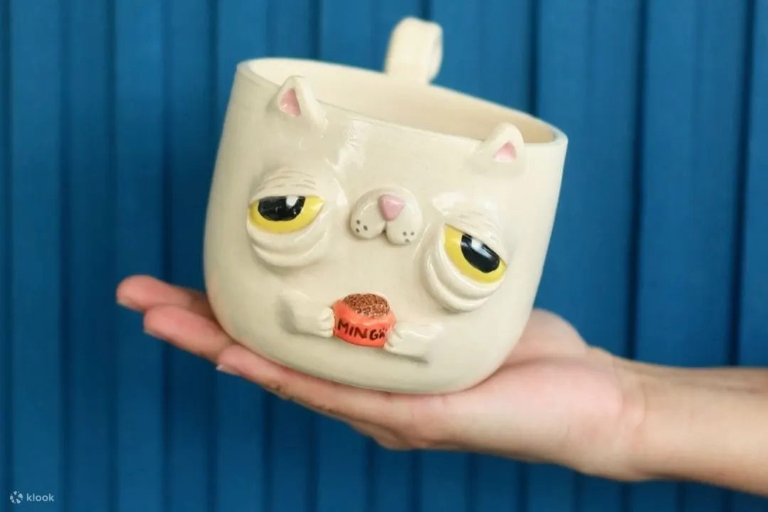 某人举着一只睡眼惺忪的猫的粘土杯子