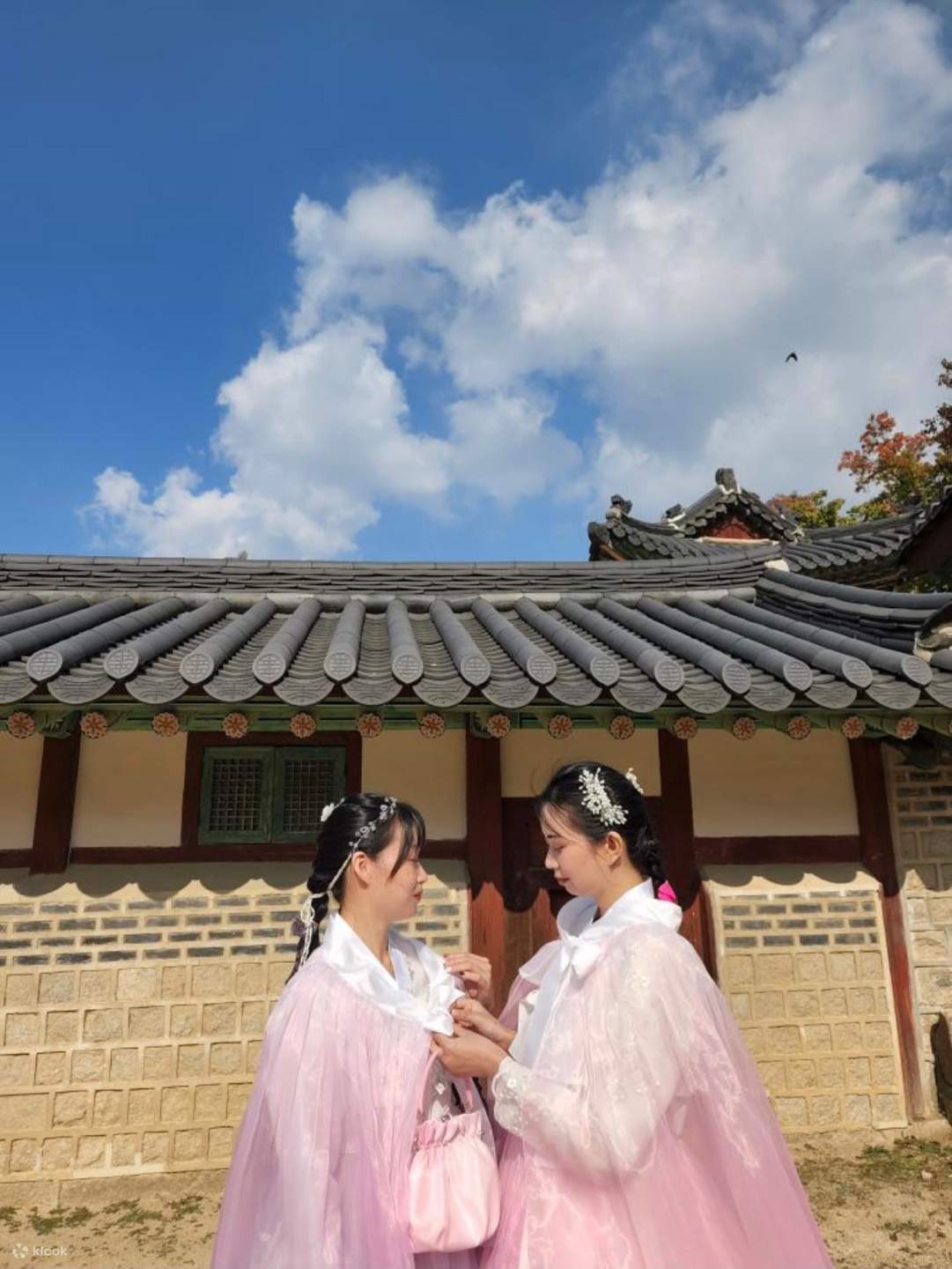 dua gadis memakai hanbok merah jambu