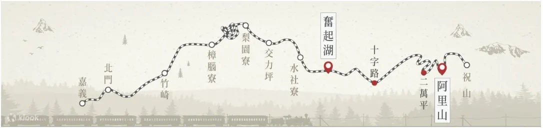 上行：奋起湖→十字路→二万平→阿里山
中海拔 → 高海拔：睽违15年正式开通
这一段路线在经过15年的中断后，42号隧道的兴建终于打通了最后一哩路，使得乘客可以搭乘小火车直达阿里山，沿途欣赏这段特殊的路线。此段工法以其独特的Z字形路线闻名，这是因为在腹地有限的情况下，小火车必须以一进一退的方式逐步提升海拔。乘客也因此停车后倒退行驶，戏称这个过程为「阿里山火车碰壁」。