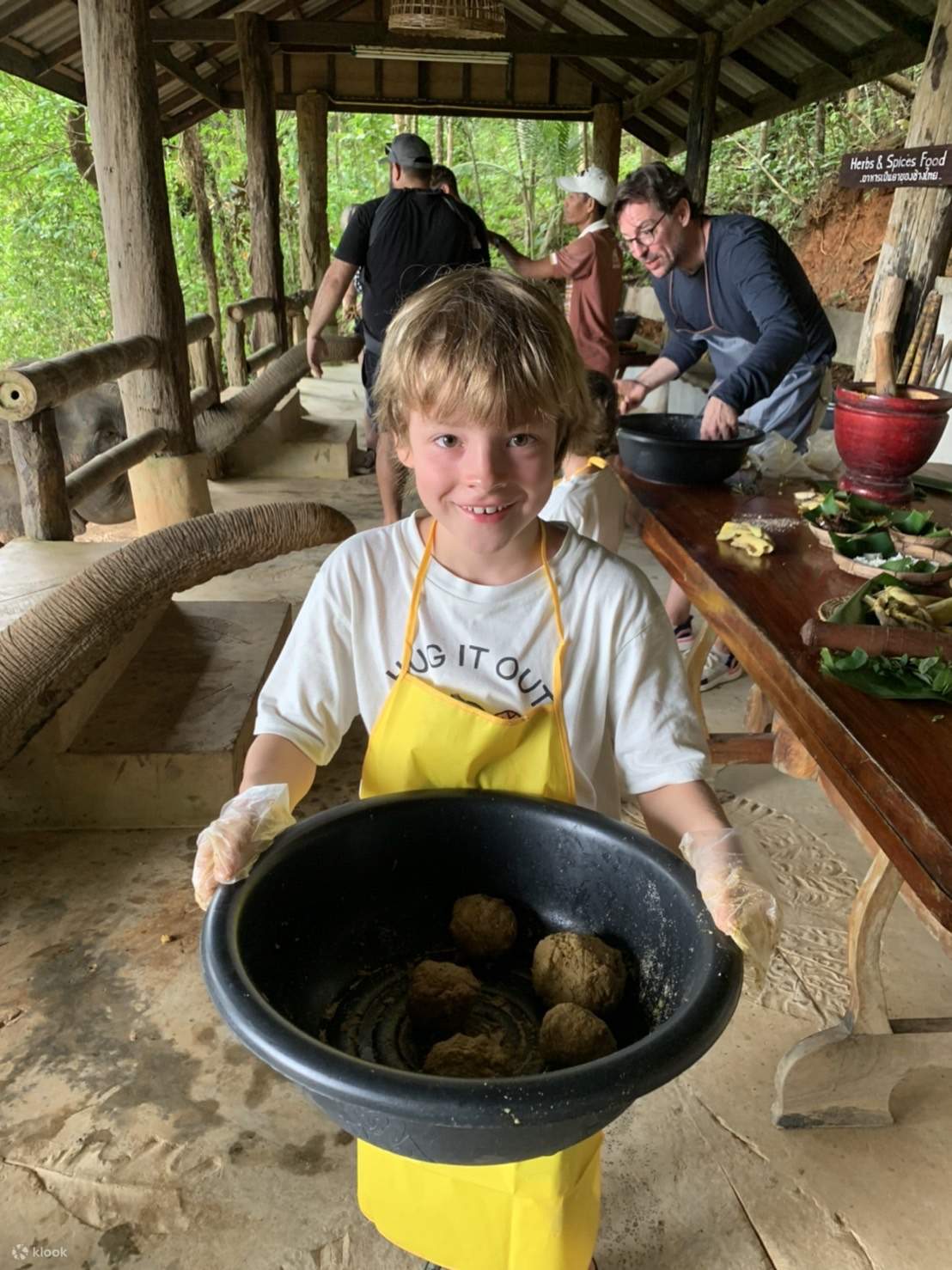 Dai da mangiare agli elefanti con il cibo che hai preparato