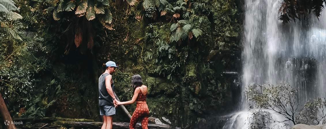 情侣在瀑布背景下健行