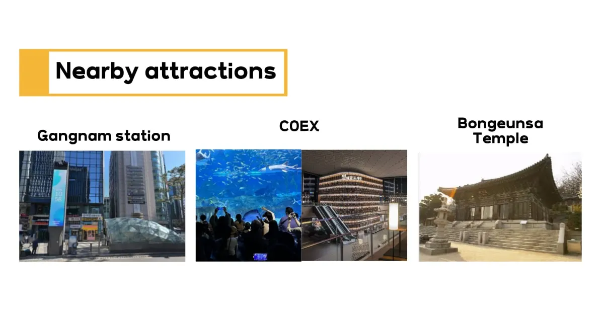 Okichin Studio 毗邻奉恩寺、宣靖陵、COEX（星光图书馆、水族馆）、江南站等景点。