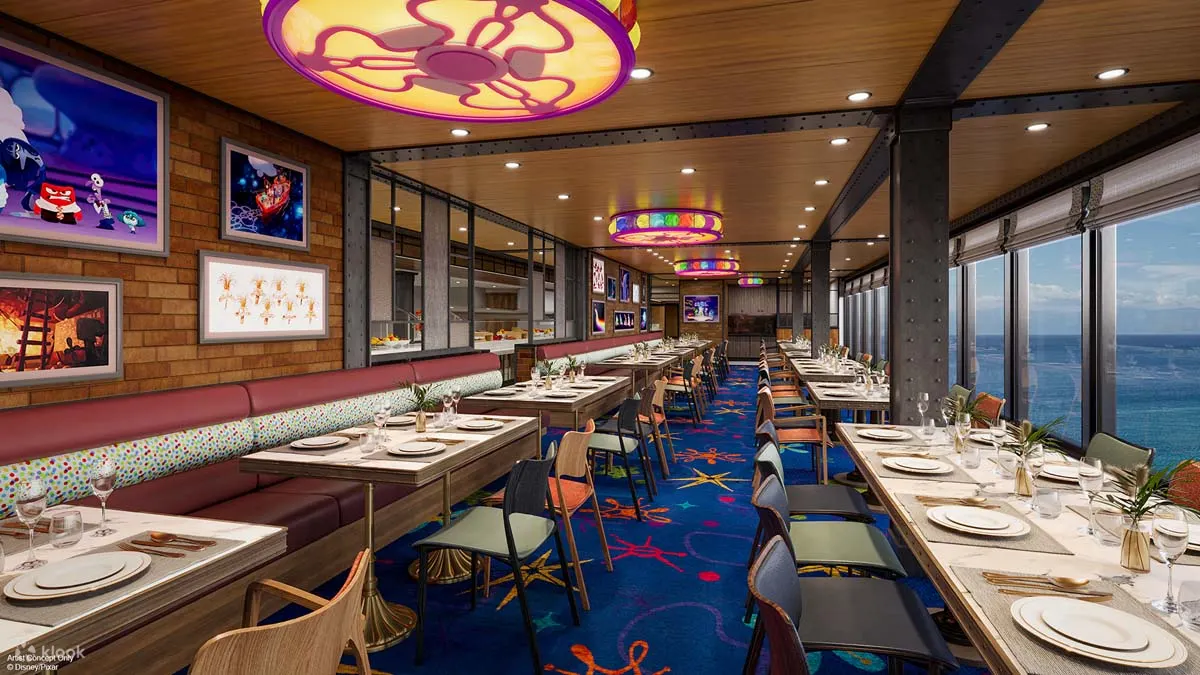 Pixar Market Restaurant: Celebrate Pixar’s creativity with nods to films like "Inside Out" and "Cars". Enjoy breakfast or lunch from buffet stations featuring classic favorites and plant-based options, followed by seated dinners with a diverse menu