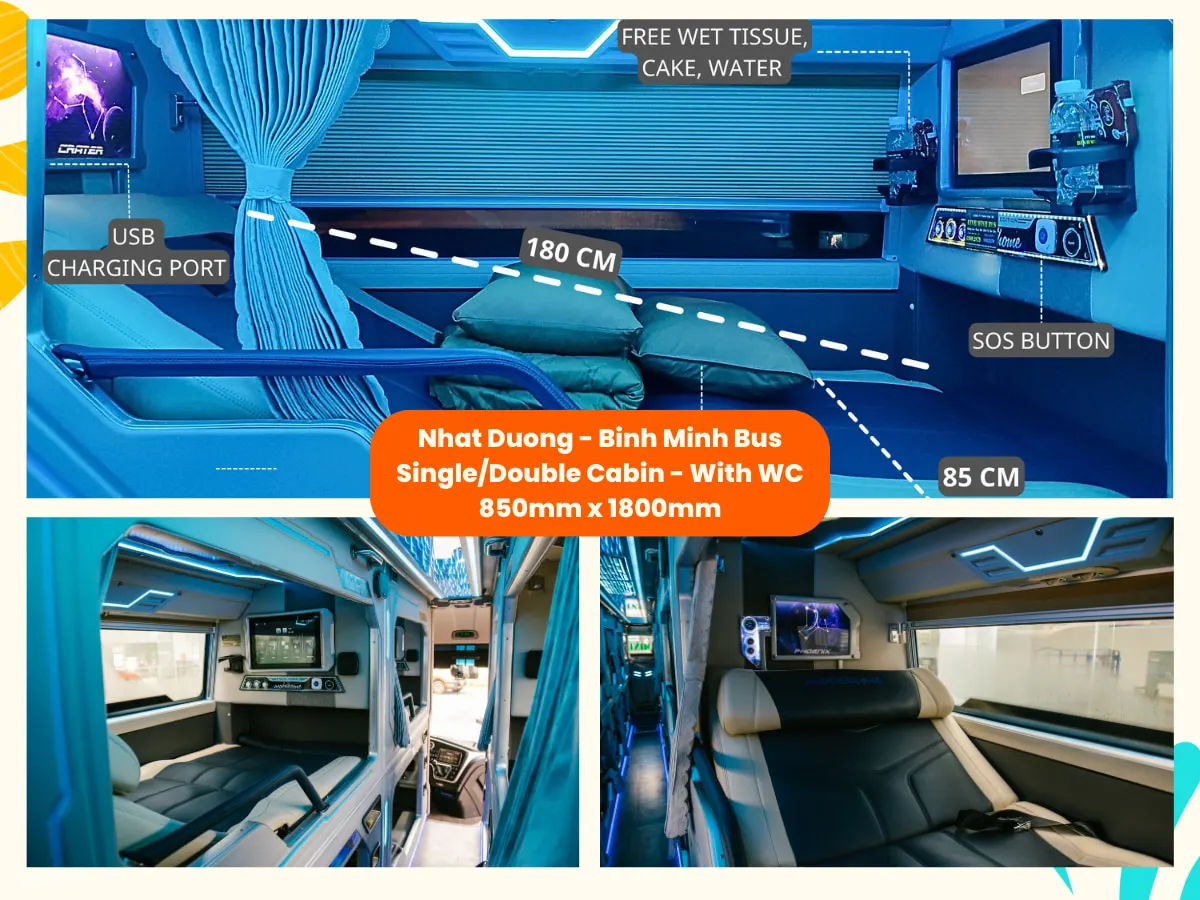 Nhat Duong - Binh Minh 巴士的单人和双人车厢尺寸相同，均为 850mmx18000mm