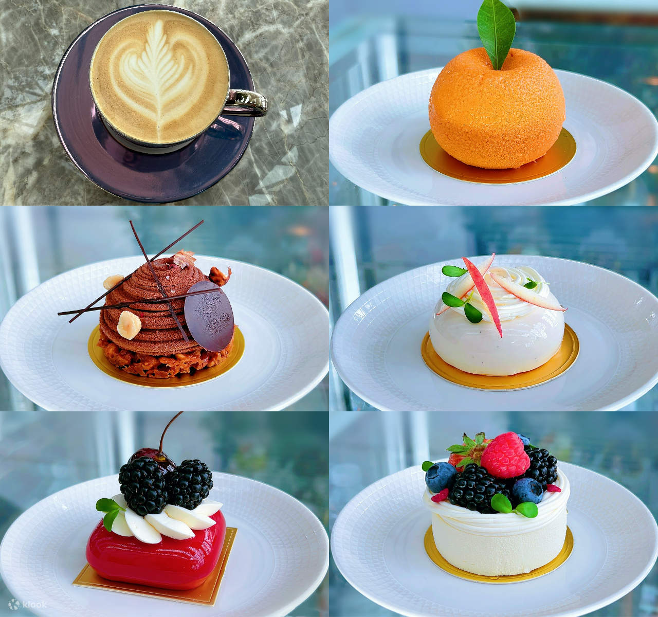 Una gran variedad de exquisiteces, café con hermosos diseños de latte art y postres bellamente decorados, combinados con frutos secos y chocolate, adornados con frutas frescas como bayas, de colores vibrantes y aspecto muy tentador.