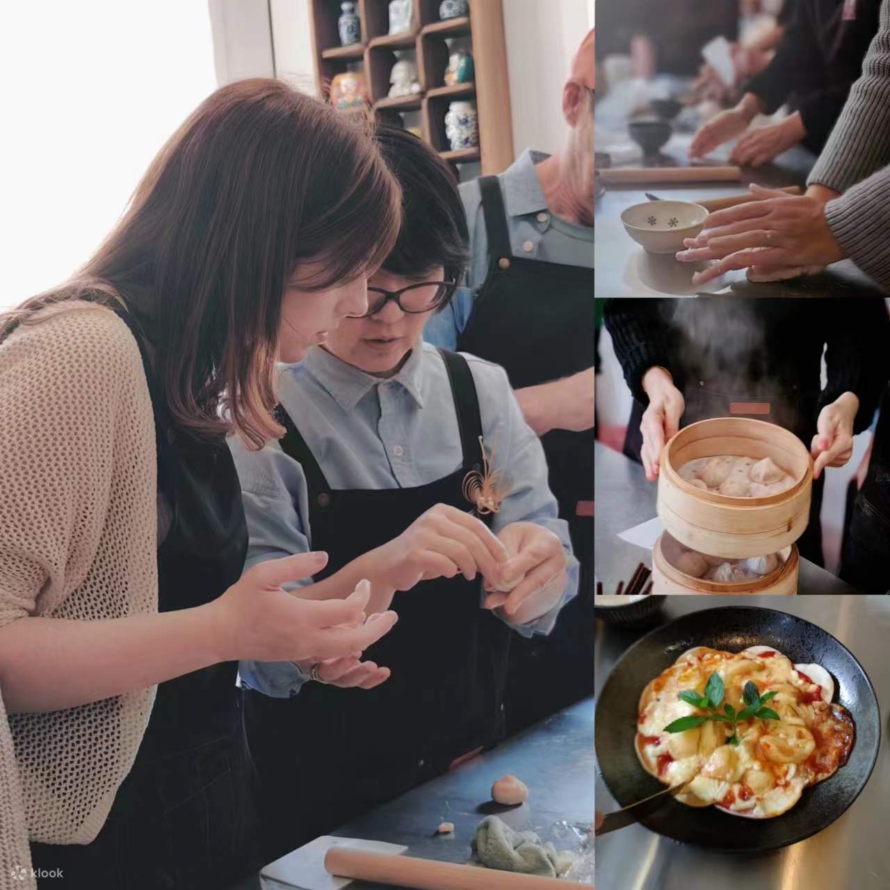 Steaming hot soup dumplings + Dumpling wrapper pizza