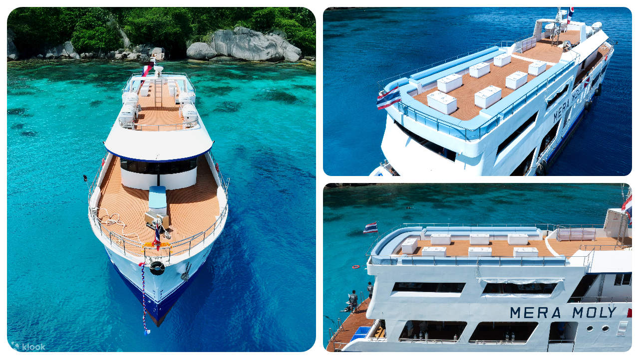 登上三层楼高的豪华游船，在 360 度观景甲板上尽情探索深海潜水的奥秘，船上设施一应俱全，让您享受无与伦比的体验。