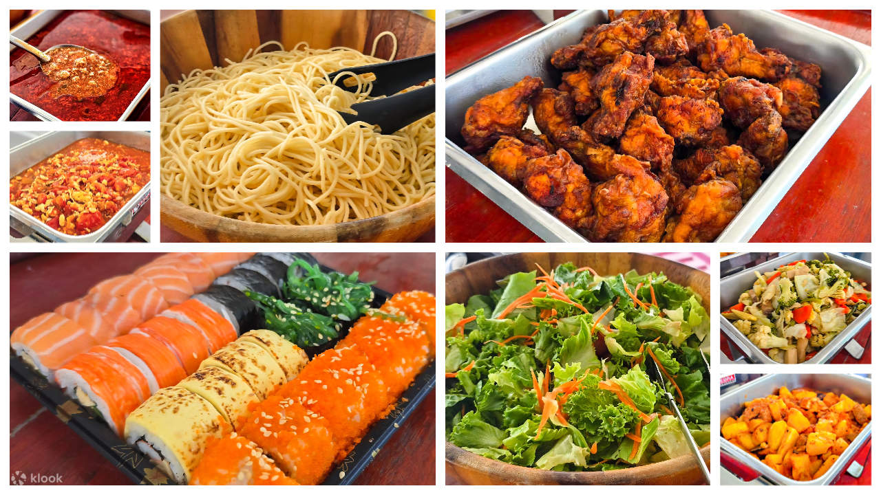 Déjeuner à bord : Spaghetti, tomates et œufs brouillés, pilons de poulet frits, bœuf braisé aux pommes de terre, légumes sautés mélangés, salade, riz