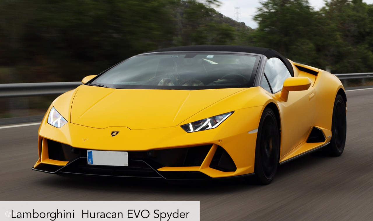 Cielo sereno, capote abbassata, mentre ti godi la sgargiante Lamborghini Huracan EVO Spyder gialla