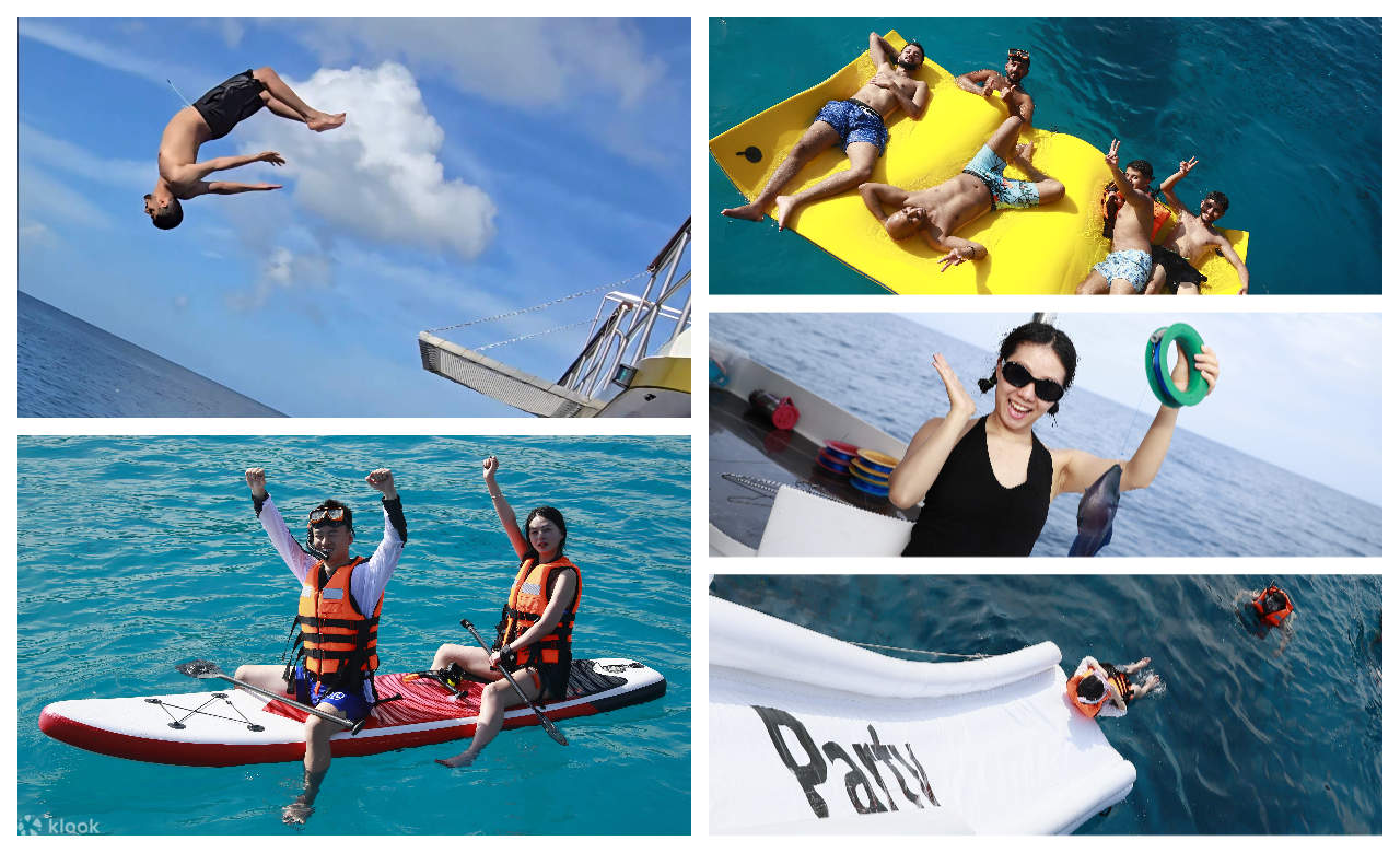 Aventures aquatiques palpitantes : Paddle Board, Glissade aquatique, Plongée avec tuba, Hamac flottant et Pêche à la ligne