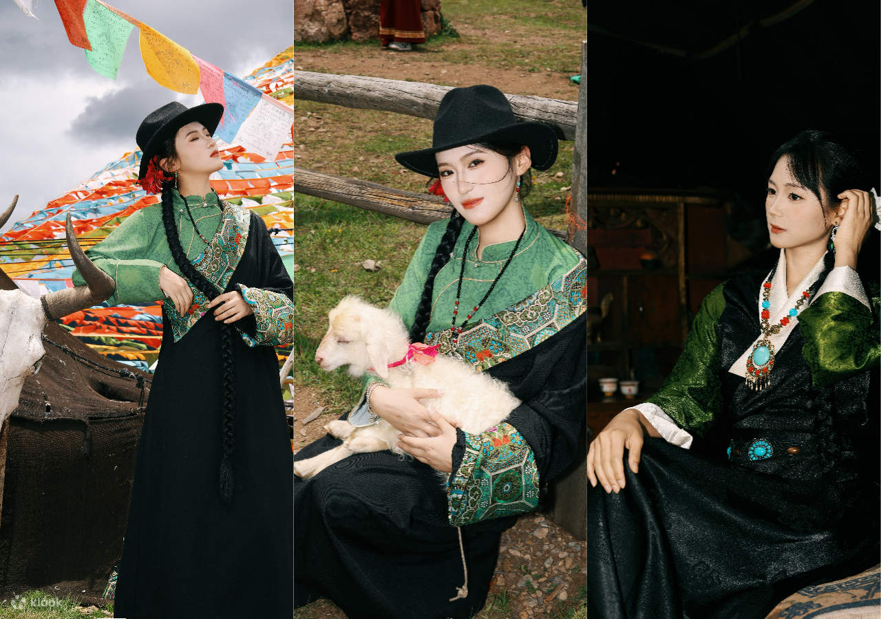 Una mujer vestida con ropa tibetana verde y negra, adornada con coloridos estampados y un sombrero negro, la imagen muestra la fusión de la ropa tibetana y el entorno natural, llena de la calidez de la vida y las características étnicas.