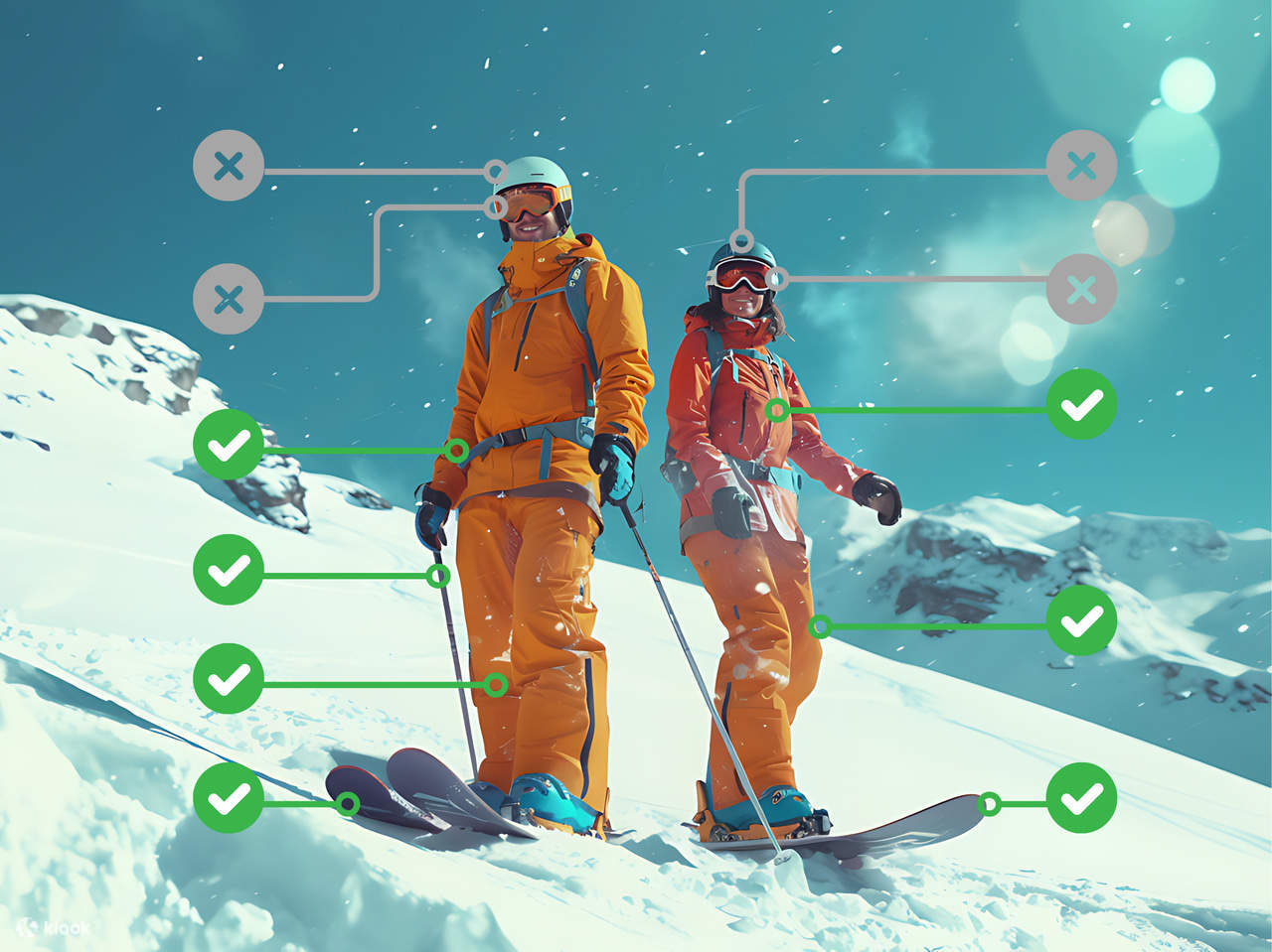 Para el alquiler de equipos, ofrecemos dos opciones: snowboard y esquíes. La opción de snowboard incluye una chaqueta de nieve, pantalones de nieve y una tabla de snowboard. La opción de esquí incluye una chaqueta de nieve, pantalones de nieve, bastones d