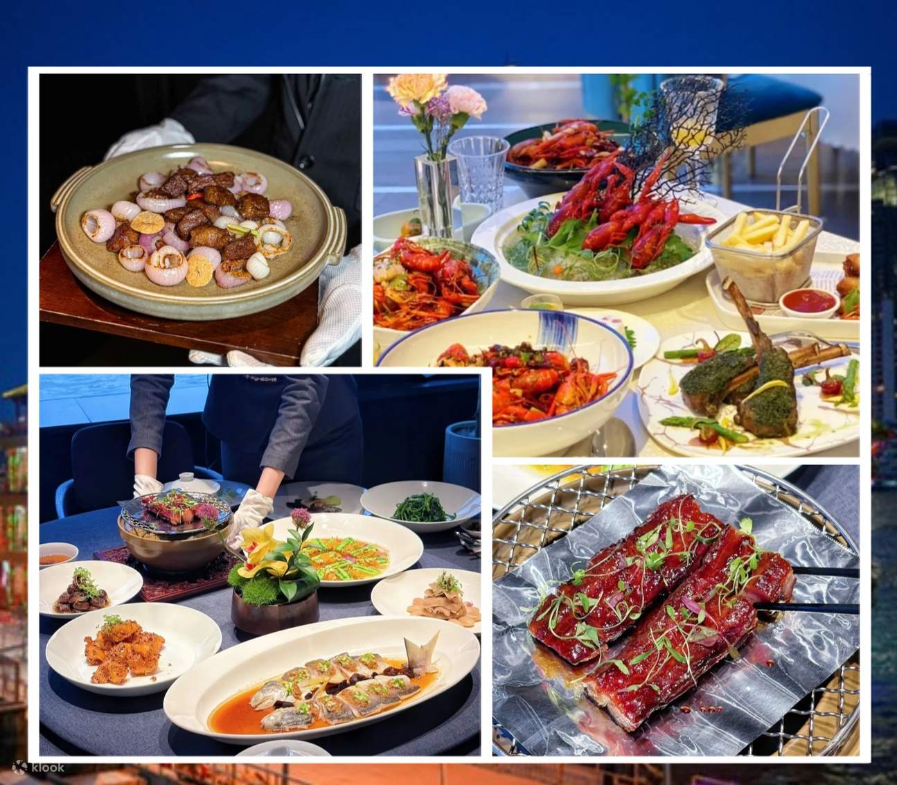 룸에서 즐기는 프라이빗 연회 요리 참고 사진입니다. 강바람과 함께 즐기는 맛있는 음식이야말로 상하이 야경을 제대로 즐기는 방법입니다.