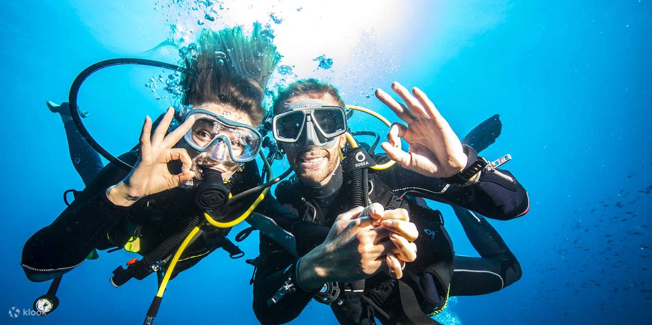 2名潜水员在水下摆姿势