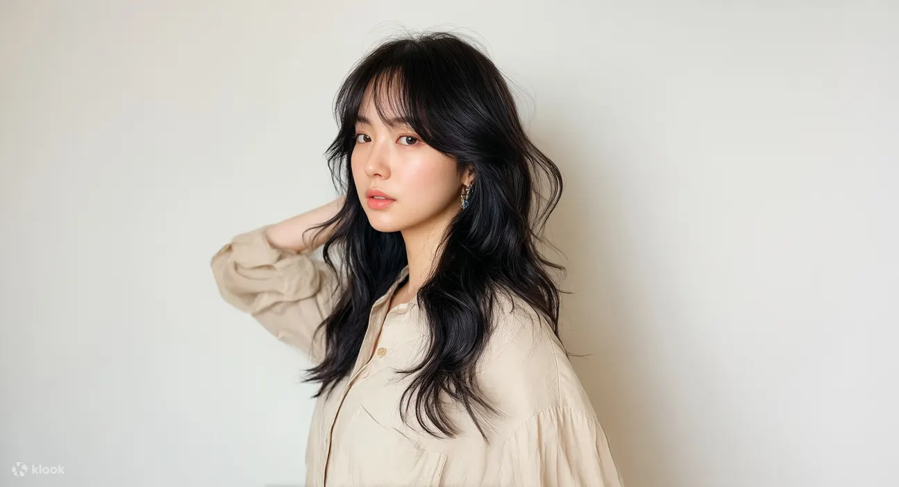 体验韩式潮流发型的魅力，这款柔软蓬松的层次感波浪卷发，搭配轻盈的空气刘海，可修饰面部轮廓，营造出青春、毫不费力的氛围。