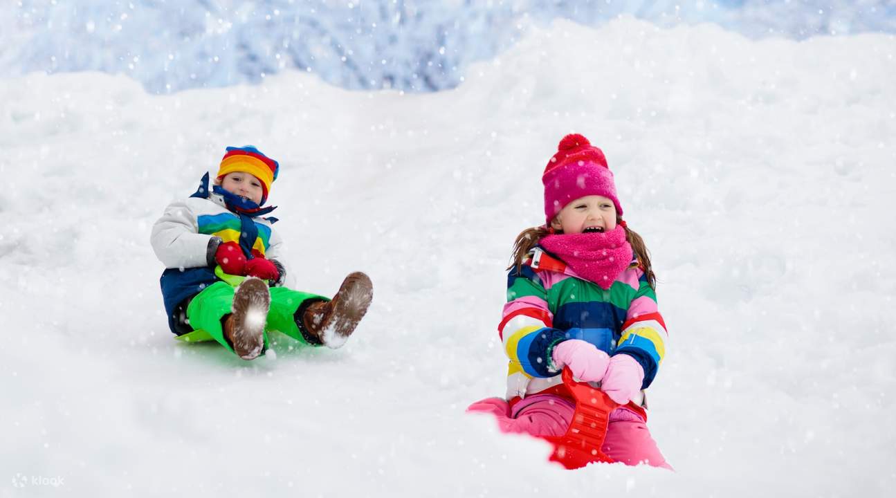 two children going snow sledding