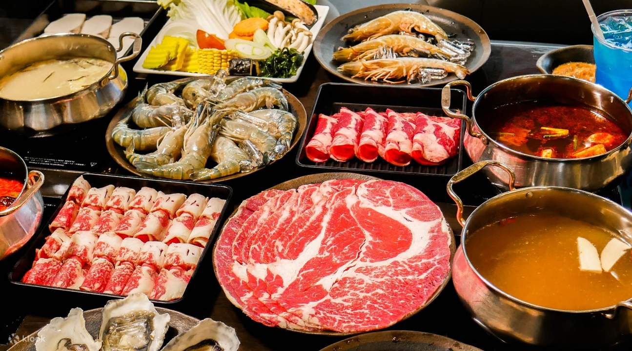 River Prawns, Sea Prawns, New Zealand Mussels, Australian Wagyu, American Chuck Roll, SCallops, Norwegian Salmon, Prawn Oil at You&I Premium Suki Buffet at EmQuartier