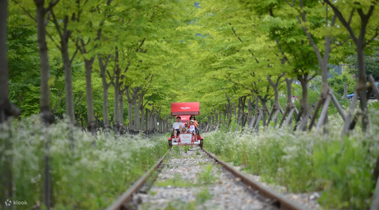 family riding the rail bike at Gangchon Rail park