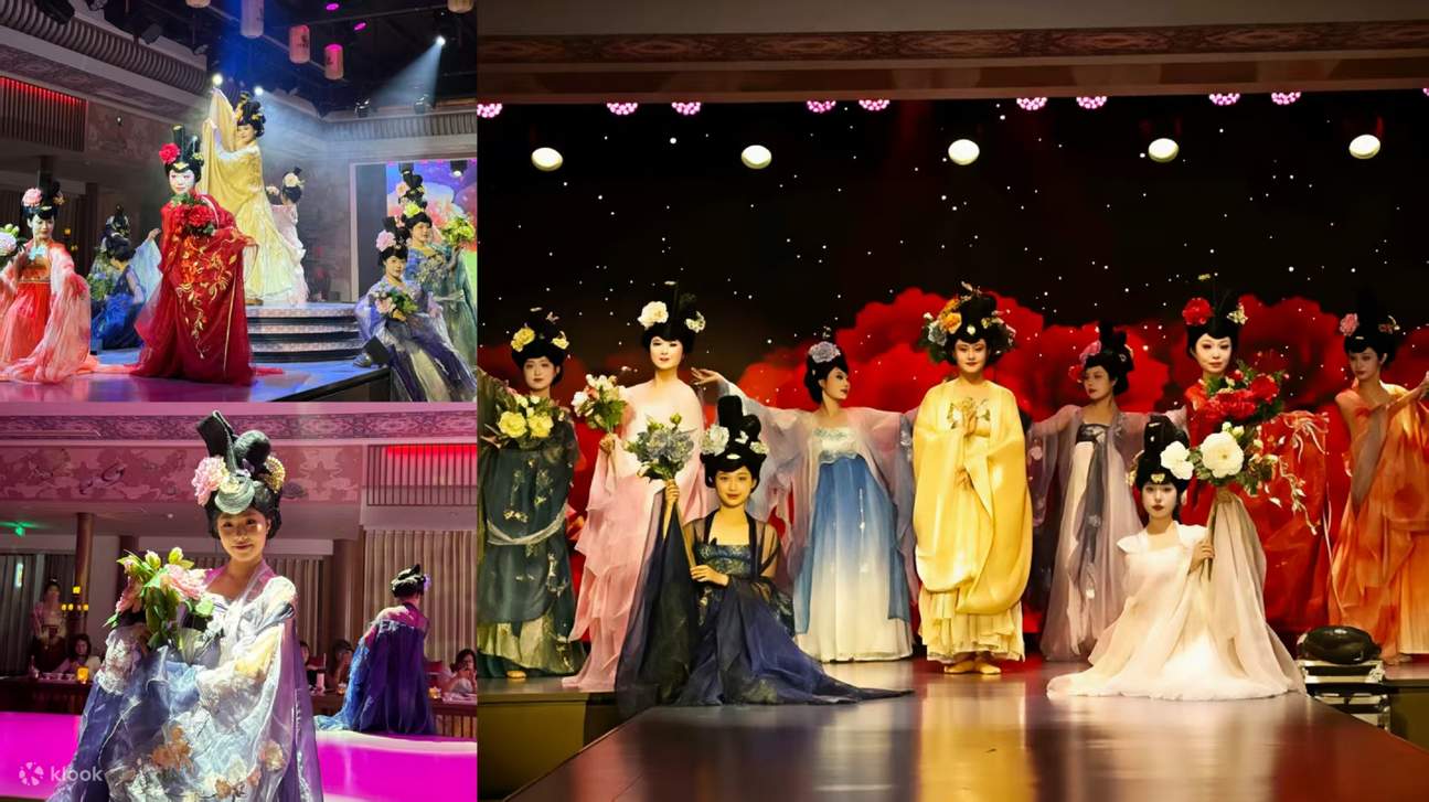 十二位姑娘，分别象征十二月，手执各月代表花卉，身着洛绣大唐服饰。一月寒梅傲雪，二月桃花初绽，四月牡丹盛放至十二月，花卉更迭，服饰亦随之变换，尽显大唐风华