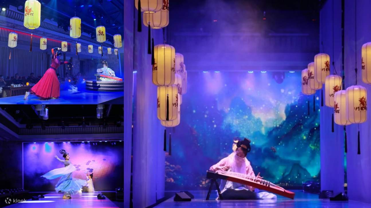 指尖在琴弦上灵活游走，潺潺琴音倾泻而出，与舞蹈完美融合。 灯光、布景也恰到好处，营造出如梦似幻的氛围