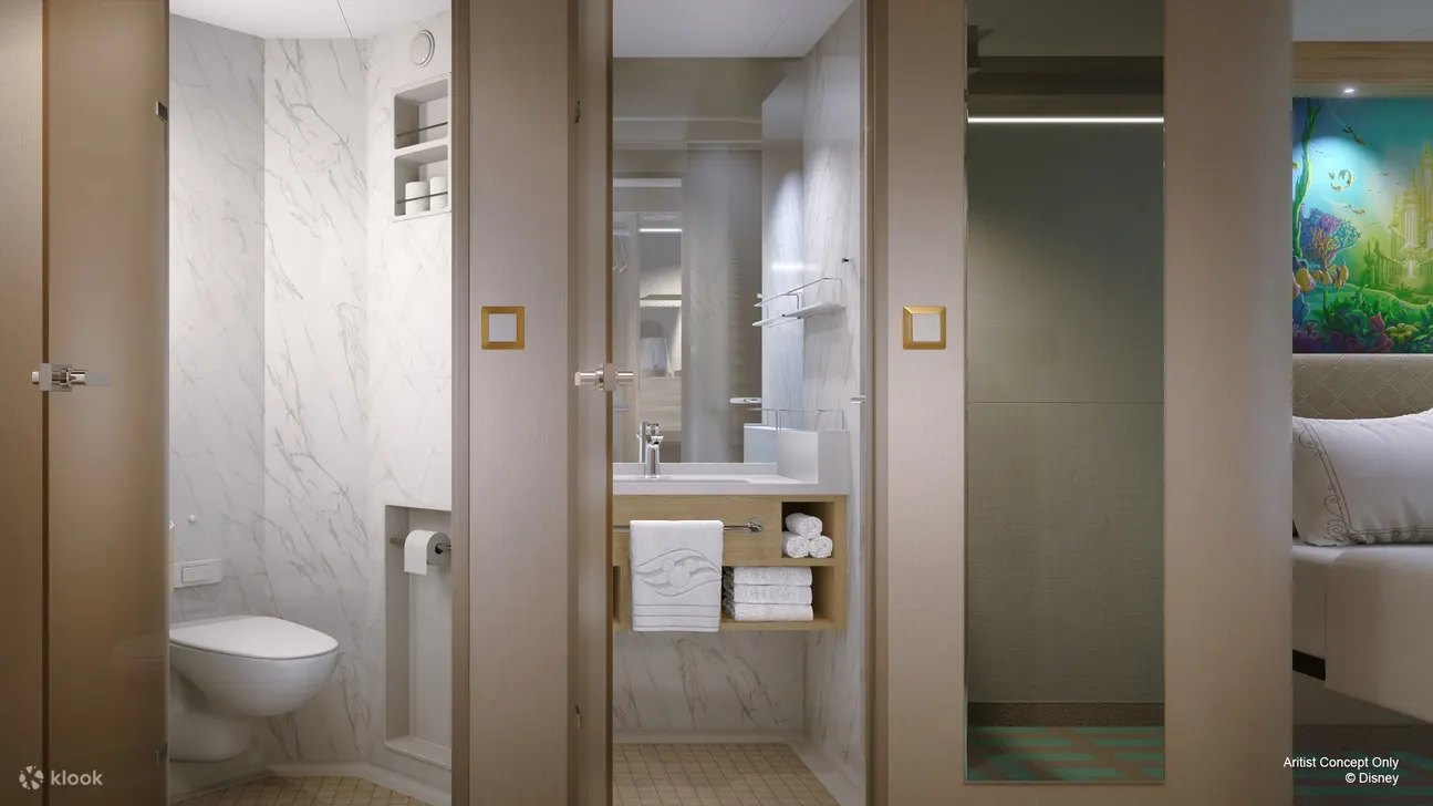 Most main staterooms offer Disney Cruise Line's unique split-bathroom configuration, separating the sink and shower from the sink and toilet. This design allows two guests to efficiently prepare at the same time