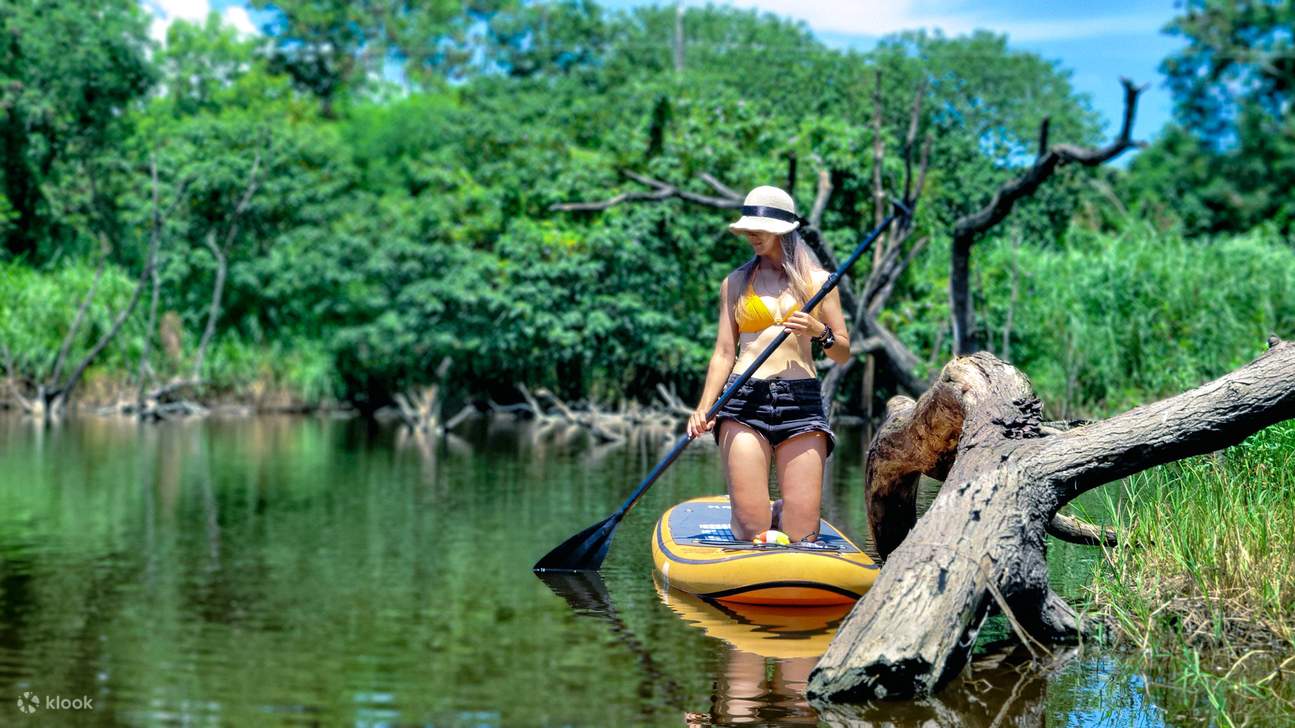 Fai stand-up paddleboarding sul fiume