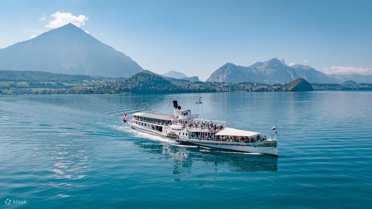 스위스 산으로 둘러싸인 평온한 호수에서 즐기는 크루즈