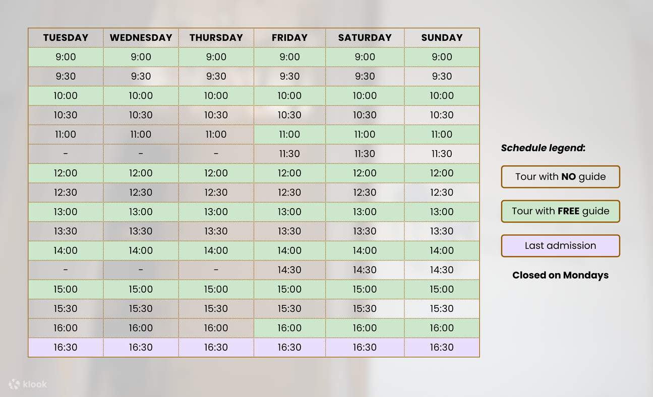 Sila ambil perhatian tentang slot masa berikut yang mempunyai lawatan berpandu percuma semasa anda melawat!