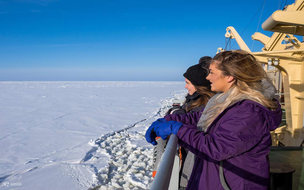 Halten Sie das glitzernde gefrorene Meer und die schneebedeckte Umgebung während Ihres Icebreaker Sampo-Abenteuers fest.