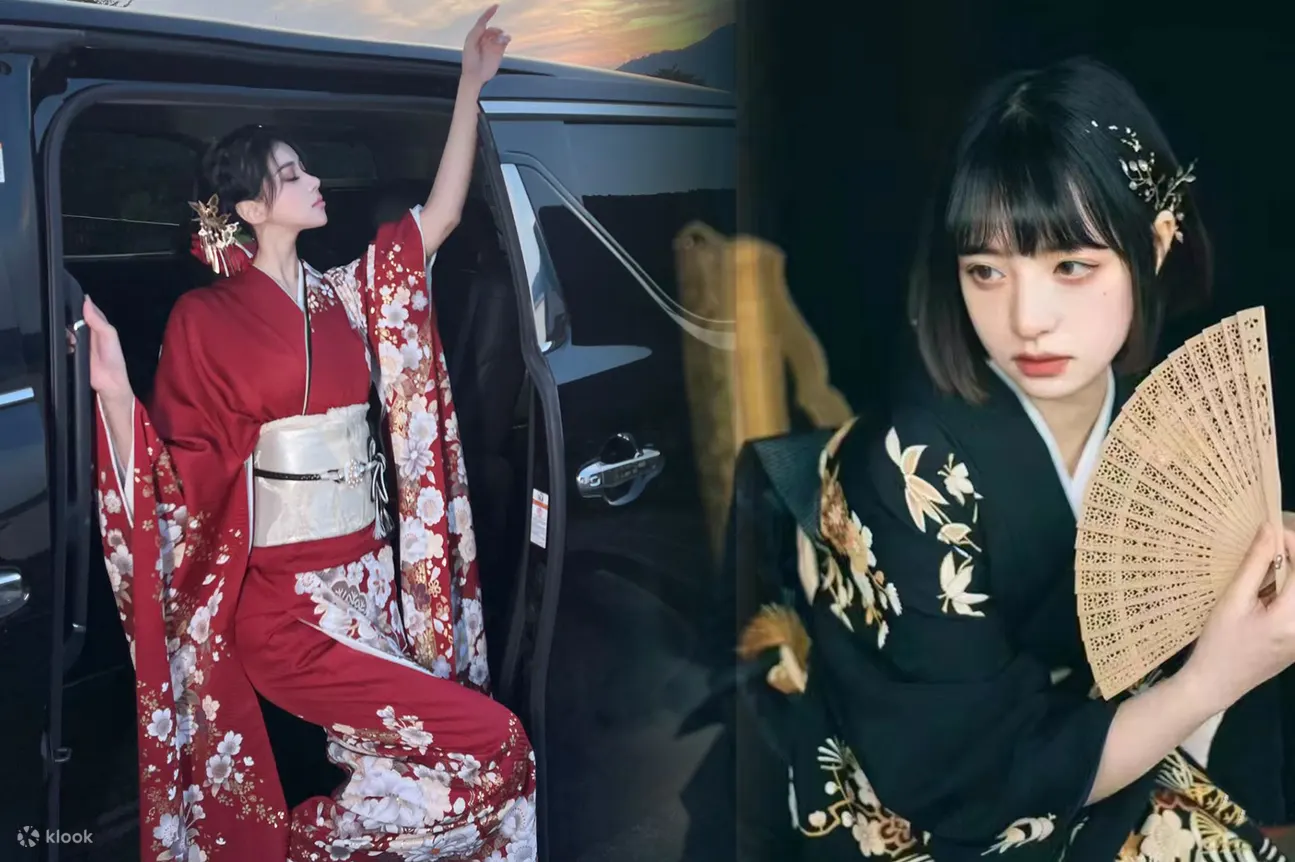 丝绸振袖和服（店内22,000日元款振袖）：更为华丽的振袖和服，材质为丝质，烫金工艺，拥有不同寓意的图案，配色讲究