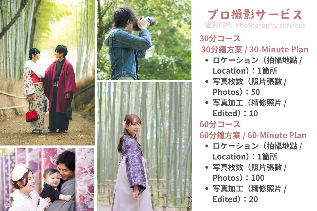 您可以預約專業攝影師的攝影服務，有30分鐘套餐（50張照片數據）和60分鐘套餐（100張照片數據）可供選擇。拍攝數據將在日後通過郵件發送下載連結給您。