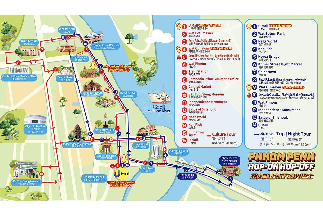 Phnom Penh: Hop-On Hop-Off Bus Ticket with Free Mekong Cruise