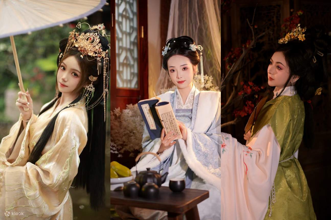 Ya sea un animado moño doble con flores de cuentas, o un moño colgante suave con horquillas y adornos colgantes, complementado con abanicos redondos, cintas para el cabello, colgantes de jade y otros accesorios exquisitos, te permiten transformarte comple