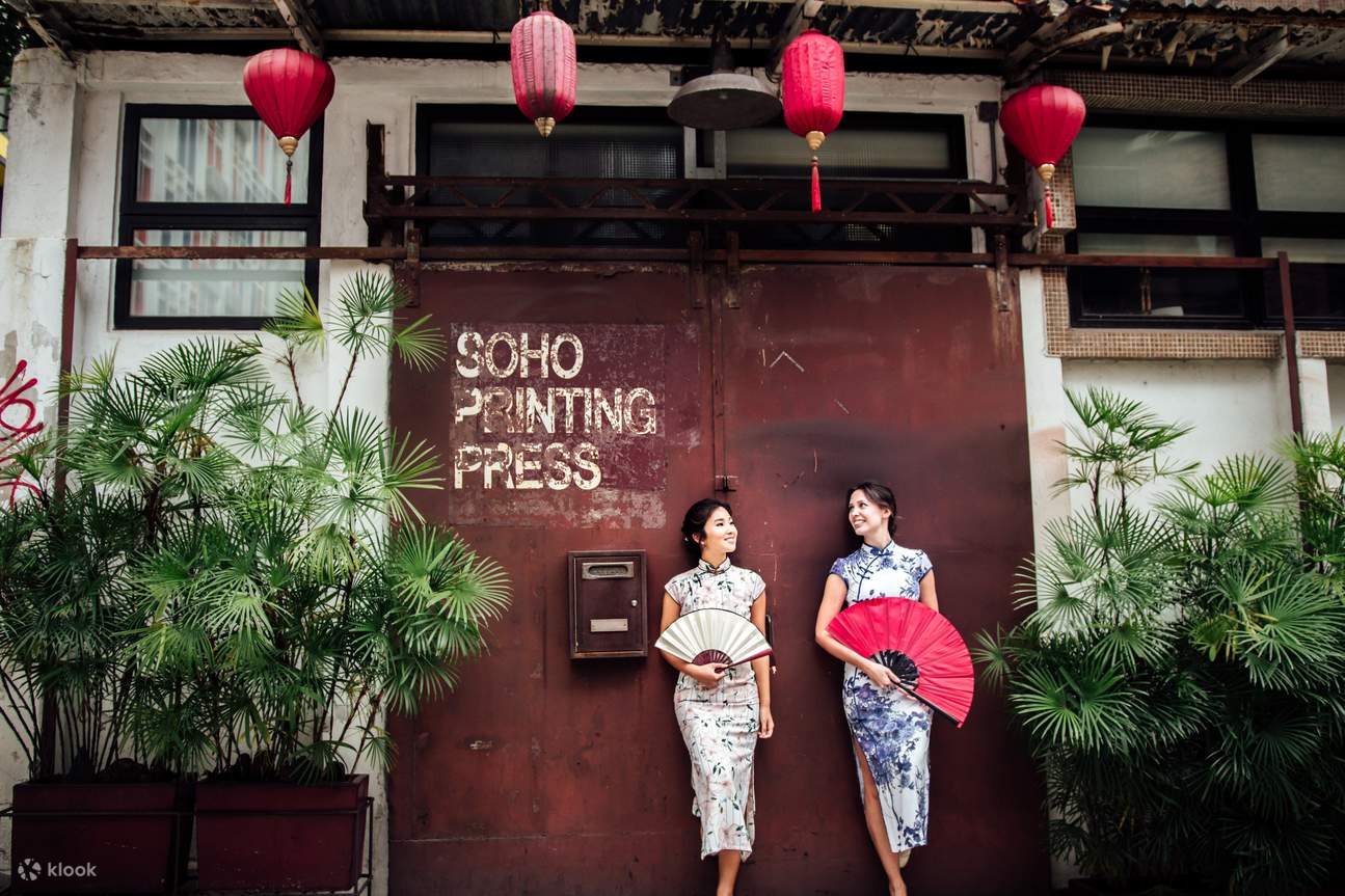 girls wearin qipao in soho printing press hong kong 