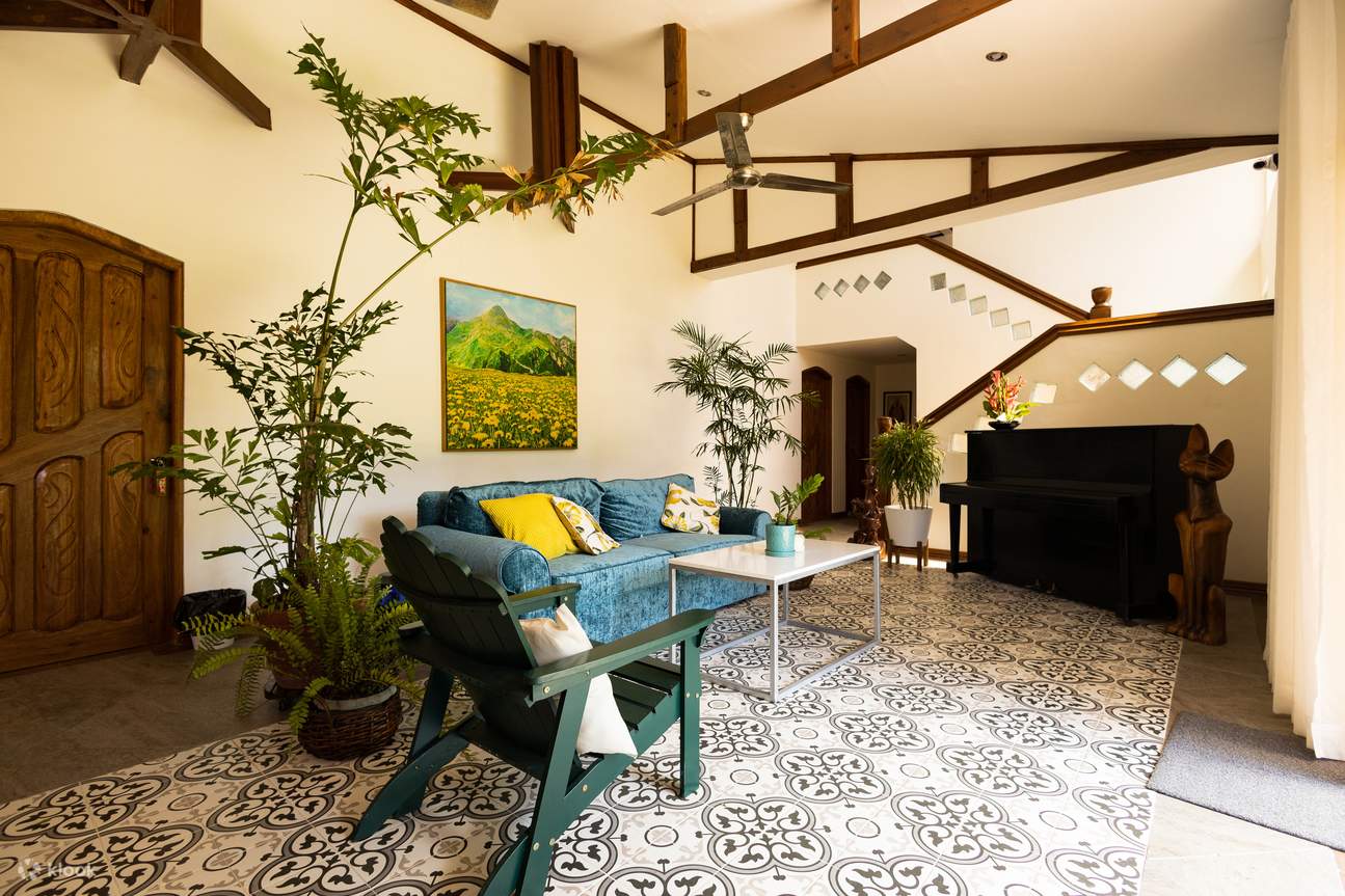 带蓝色沙发和绿色木椅的户外生活区