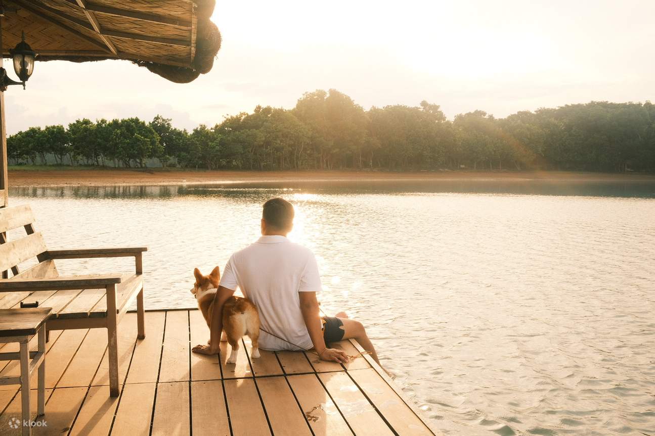 man and pet dog sitting by the edge of the floating house