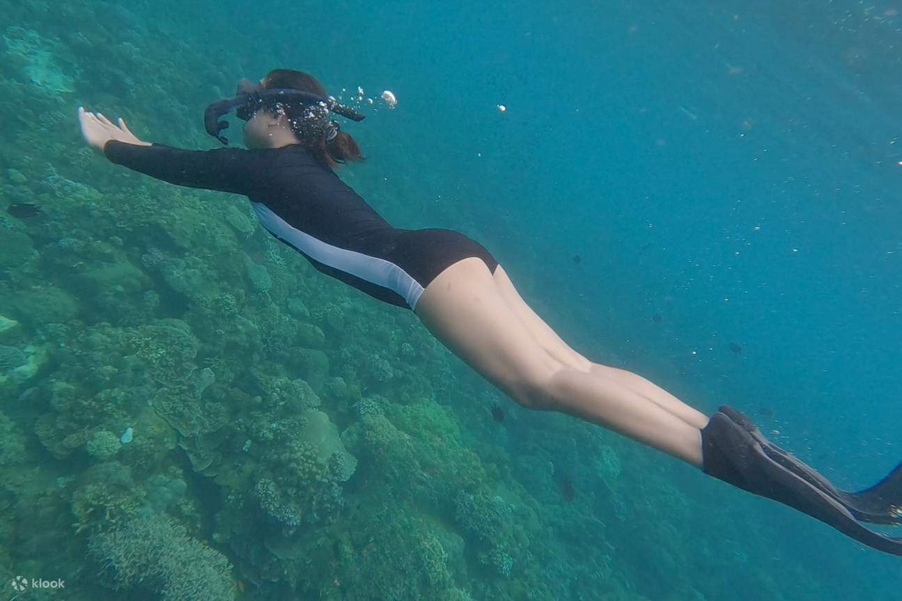 Seorang wanita berenang di atas berbagai macam karang