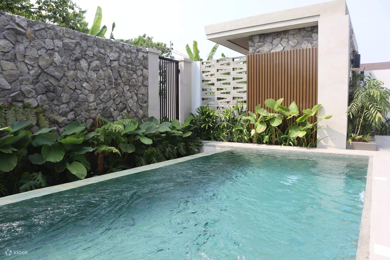 một hồ bơi với nhiều loại cây khác nhau bên hồ bơi