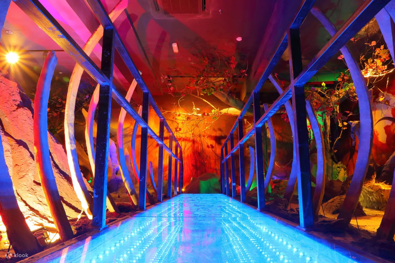 Colourful walkway with striped handrails