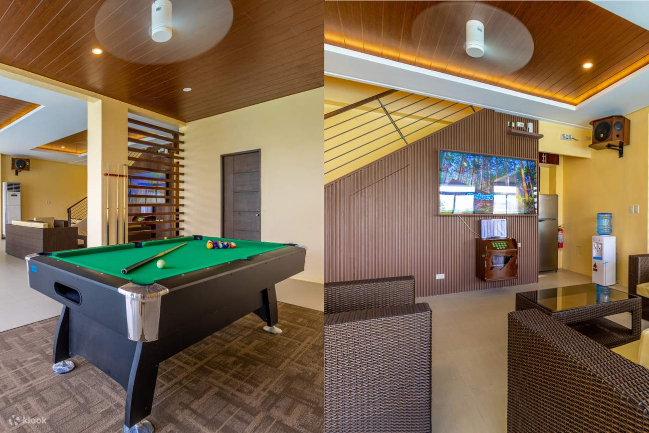A pool table and a videoke set-up in two pictures, perfect for entertaining guests