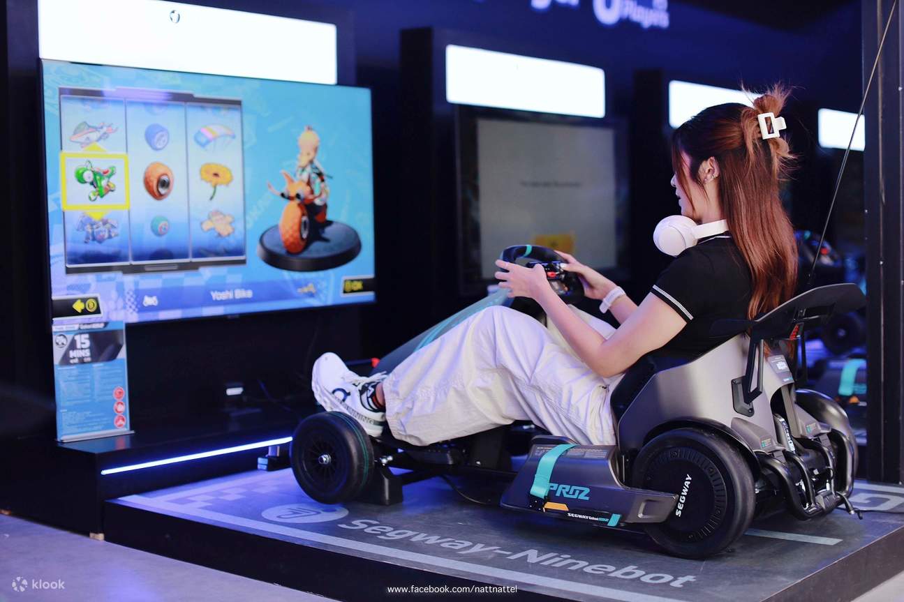 Zone 1 : Simulateur de conduite sur gokarts électriques. Jouez simultanément à des jeux Mariokart avec jusqu'à 6 personnes ou jouez à des jeux de course de F1 et Gran Turismo.