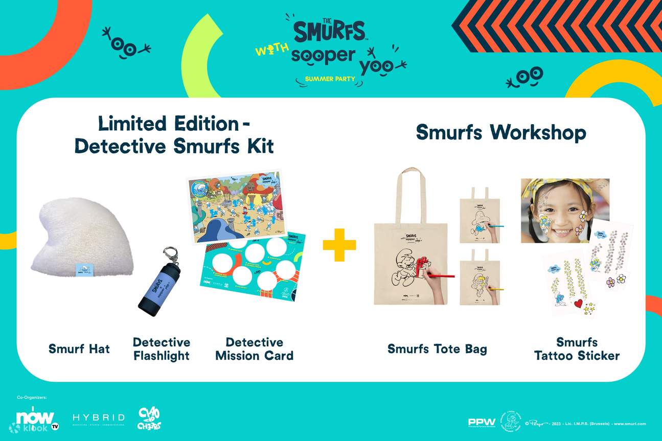 모든 참가자(어린이)는 한정판을 받게 됩니다. - 스머프 탐정 키트*: 스머프 모자, 탐정 손전등, 탐정 미션 카드, 스머프 토트백, 문신 스티커!