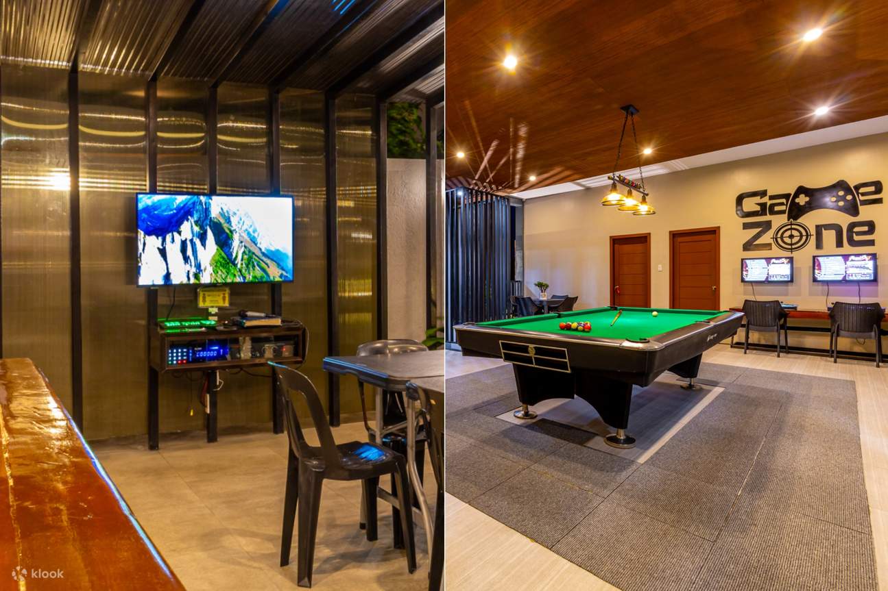 Dos vistas del área recreativa que muestran el karaoke y la mesa de billar