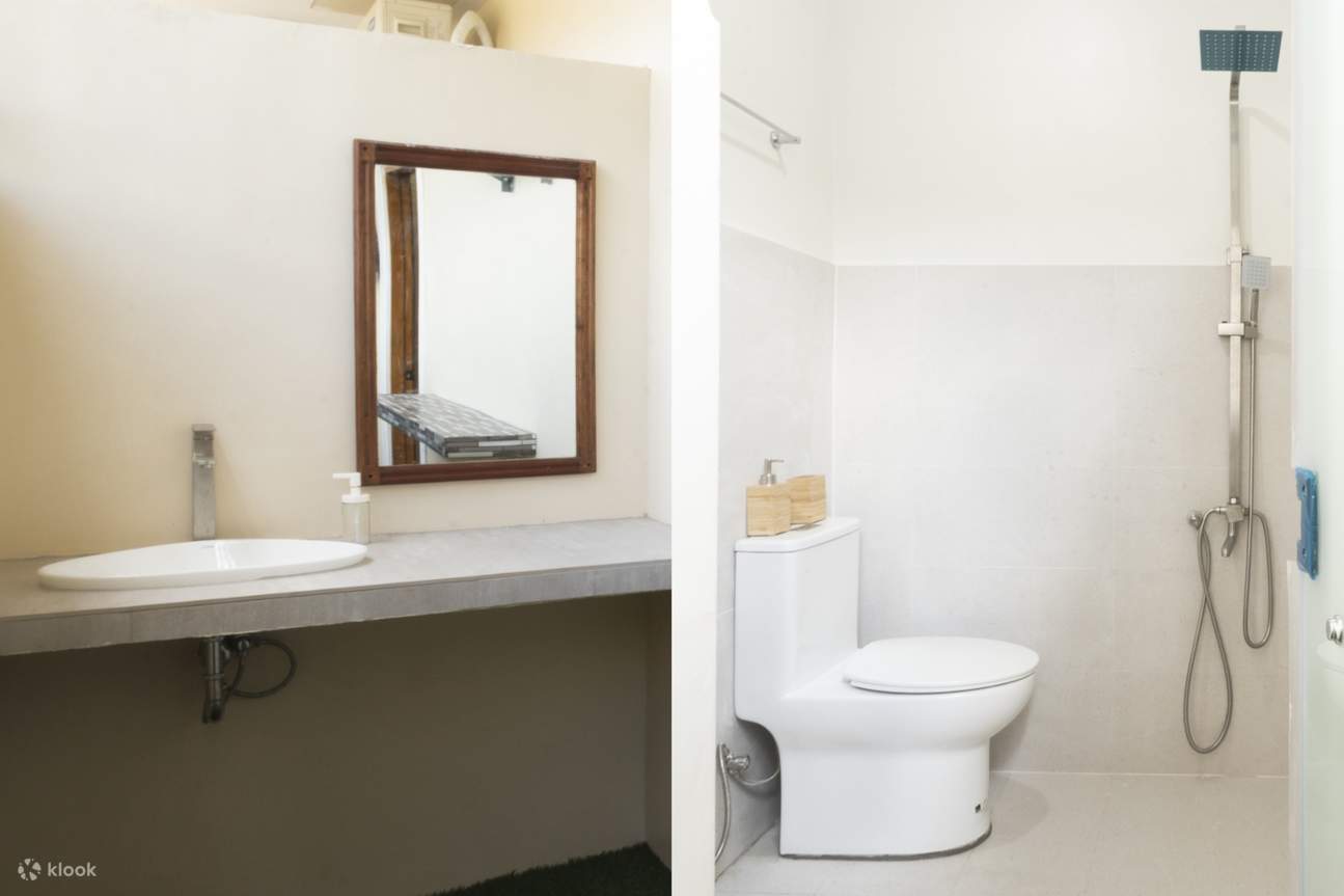 Baño con inodoro, ducha, lavabo y espejo