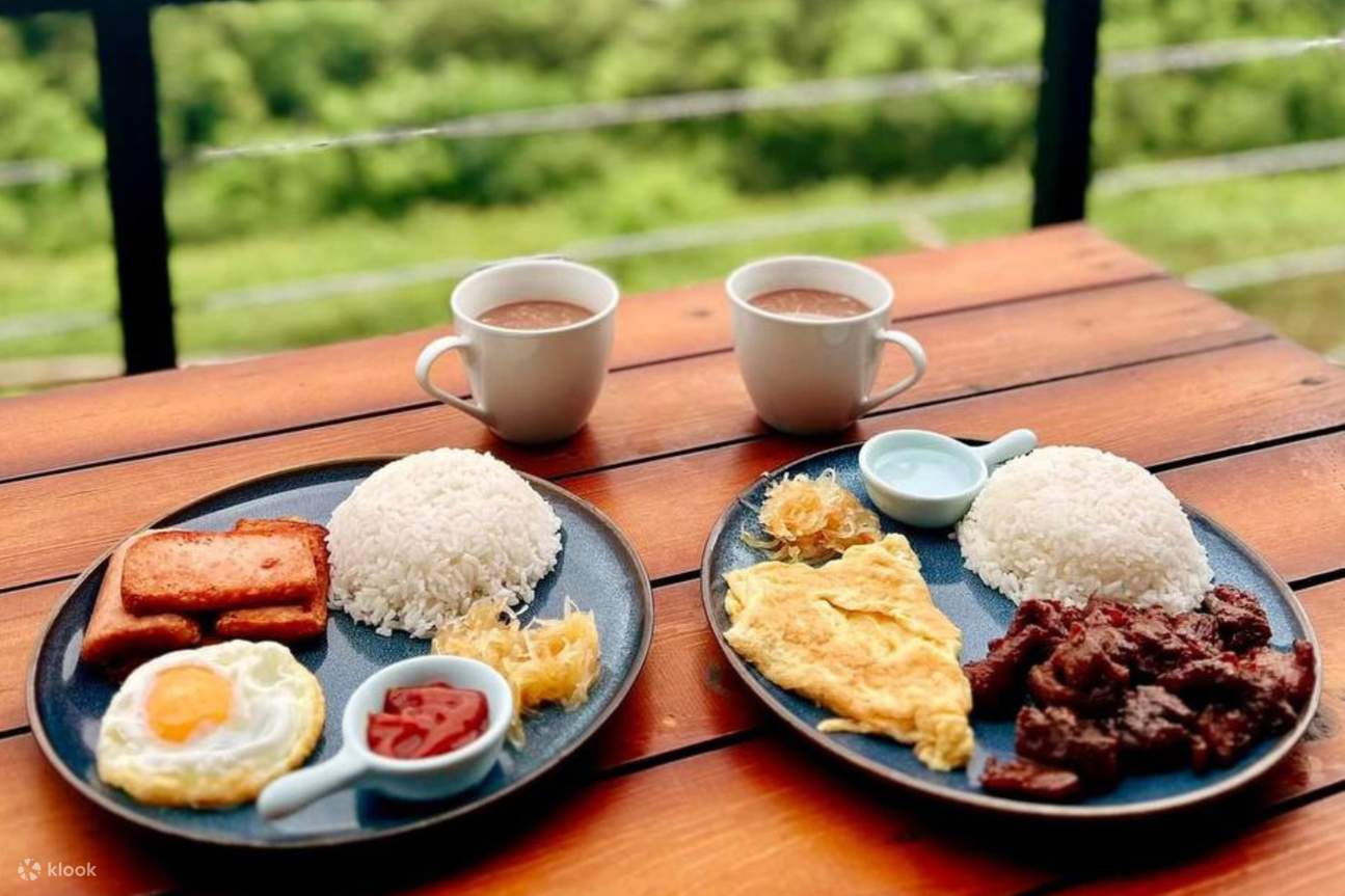 兩份早餐拼盤，含雞蛋、米飯、肉類和咖啡