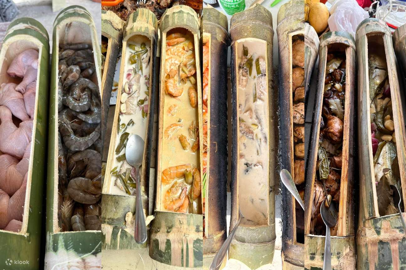 Diversi pezzi di bambù, ognuno con diversi alimenti all'interno