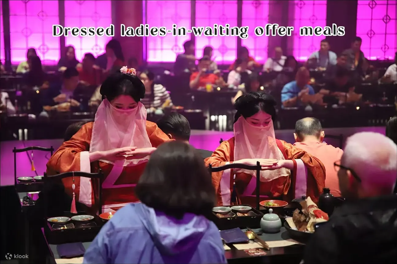 每场节目表演随后都有婀娜的古装宫女们，奉上精致的餐食，礼仪周到，不仅是视觉盛宴，更是舌尖上的享受！