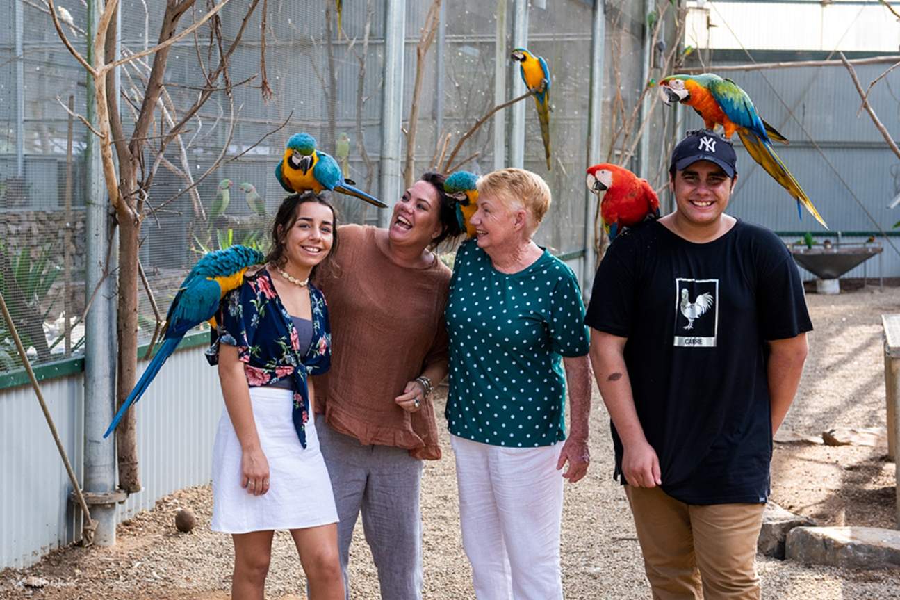 ครอบครัวที่มีนกแก้วเกาะอยู่บนศีรษะและไหล่ใน Bird World