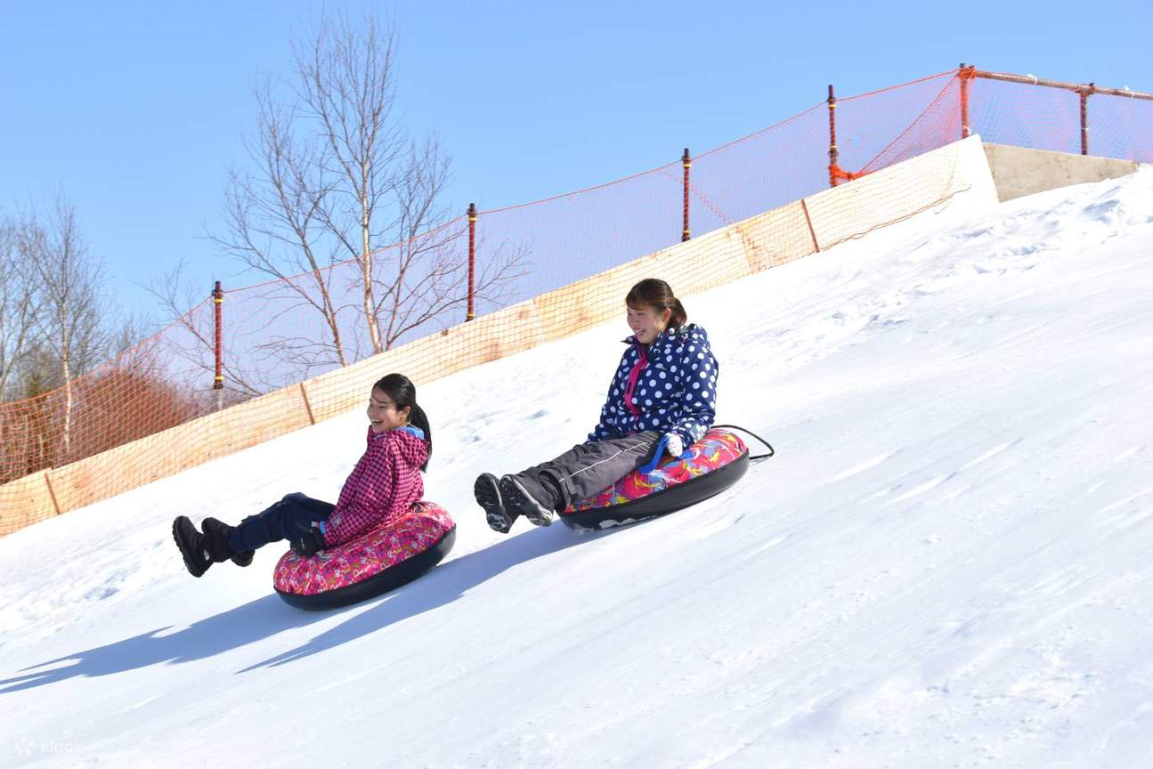 設営された高さ約4メートルの雪の坂からsnow tubingで滑り降りrunチューブスライダーHAスキーやソラとまた違ななしさ！